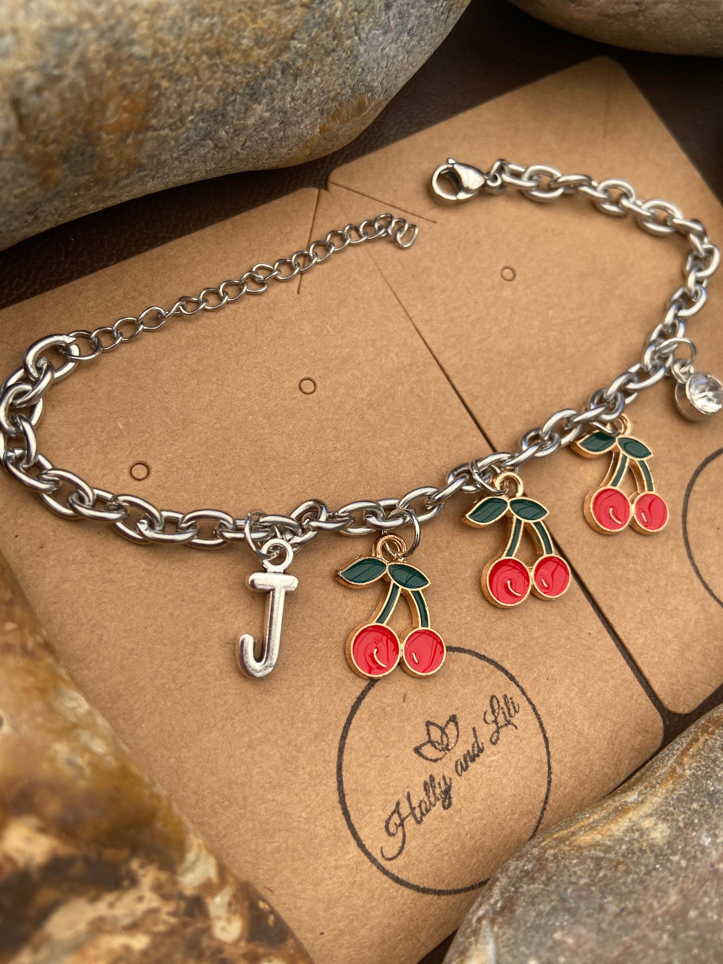 Cherries Bracelet, Alphabet Initial Bracelet, Birthstone Bracelet, Initial Bracelet, Cherry Anklet, Cherrys Bracelet, Personalised Bracelet