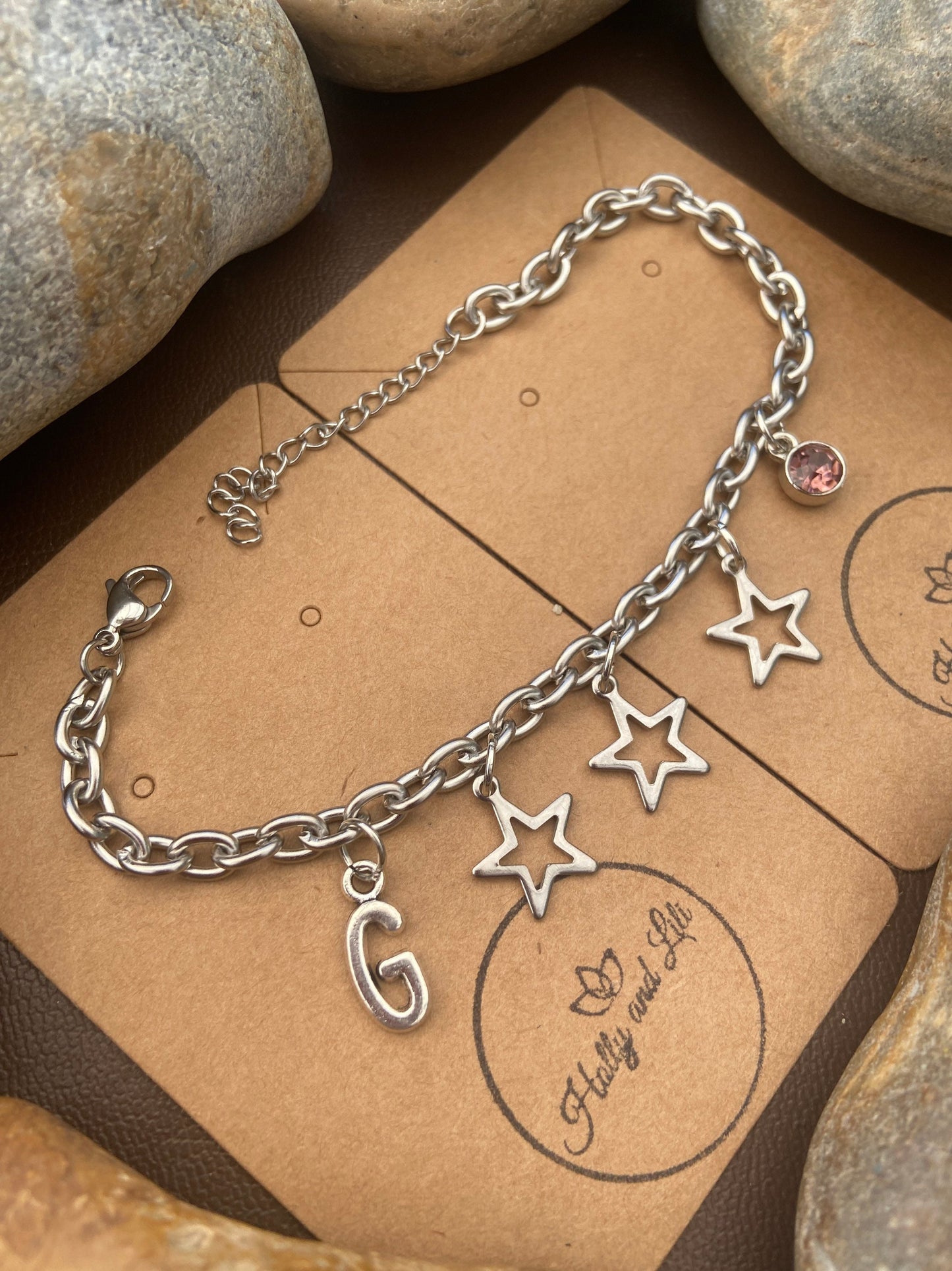 Stars Bracelet, Alphabet Initial Bracelet, Birthstone Bracelet, Initial Bracelet, Star Anklet, Star Bracelet, Personalised Bracelet