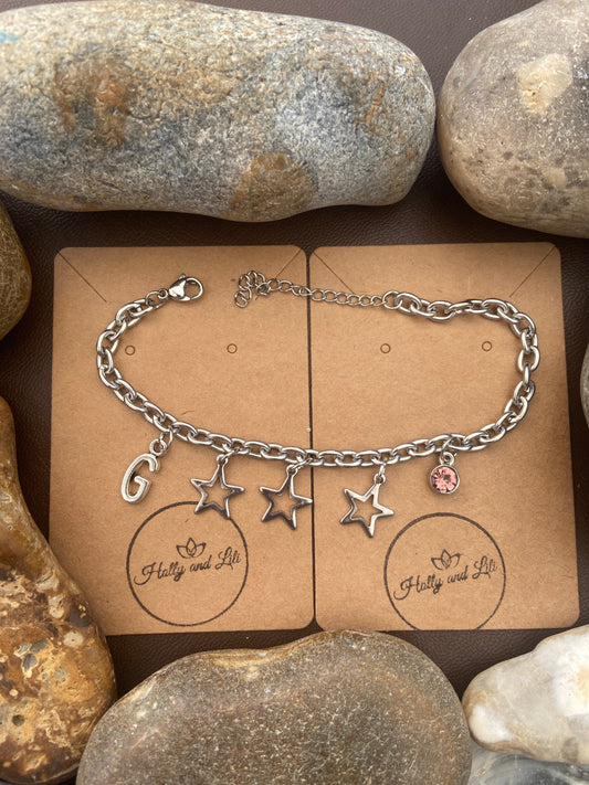 Stars Bracelet, Alphabet Initial Bracelet, Birthstone Bracelet, Initial Bracelet, Star Anklet, Star Bracelet, Personalised Bracelet