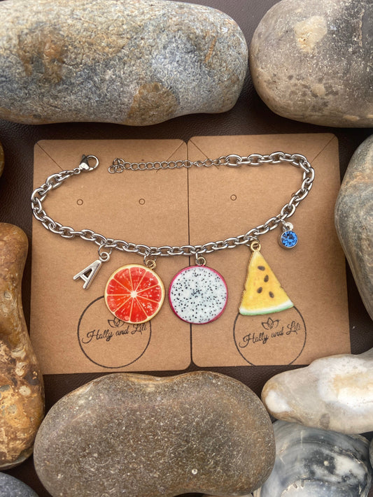 Fruit Bracelet, Alphabet Initial Bracelet, Birthstone Bracelet, Initial Bracelet, Fruits Anklet, Fruits Bracelet, Personalised Bracelet