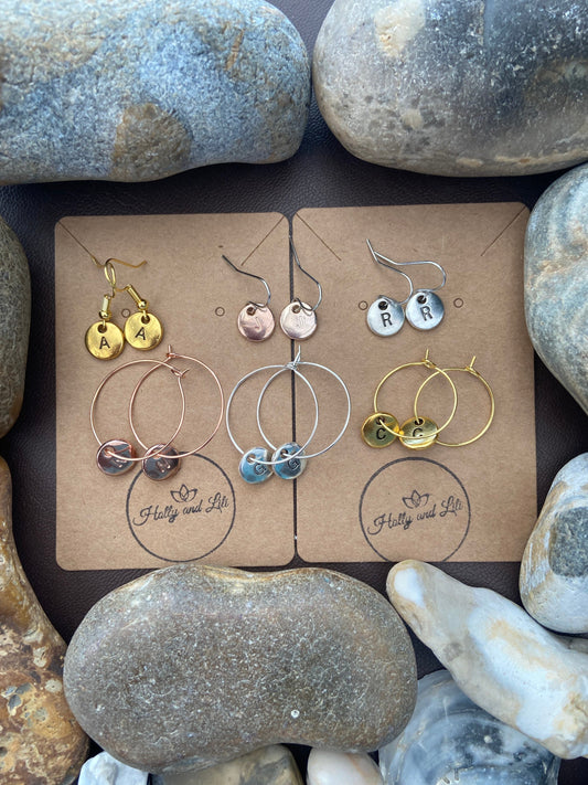 Alphabet Initial Disc Earrings, Initial Hoops, Initial Clip Ons, Initial Hooks, Alphabet Earrings, Letter Hoops, Disc Earring, Your Initials