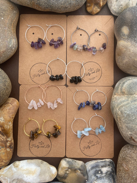 Crystal Earrings, Crystal Hoops, Crystals, Sodalite, Amethyst, Rose Quartz, Obsidian Earrings, Tigers Eye, Aquamarine Hoops, Fluorite Hoops