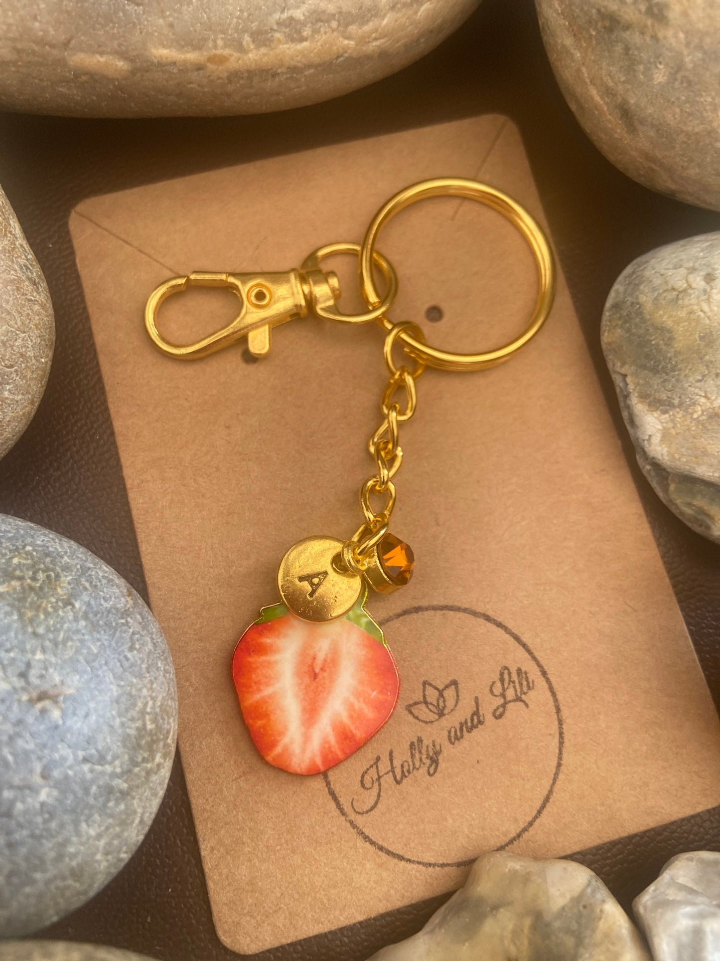 Strawberry Style Personalised Keychain, Strawberries Keyring,  Strawberry’s Fruit Alphabet Initials, Birthstone Charm, Fruit Gifts, Fruit