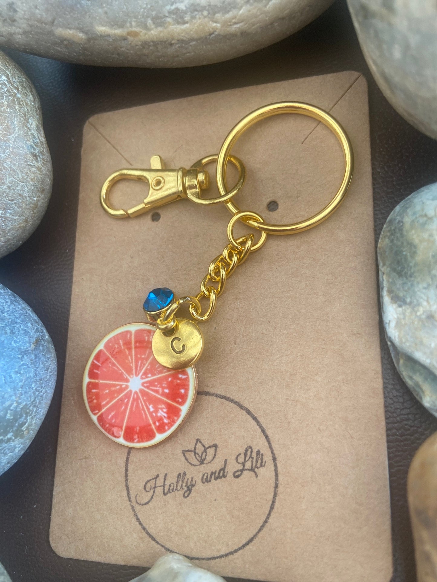 Grapefruit Style Personalised Keychain, Grapefruit Keyring, Grapefruits Alphabet Initials, Birthstone Charm, Grapefruit Gifts, Fruit Zipper