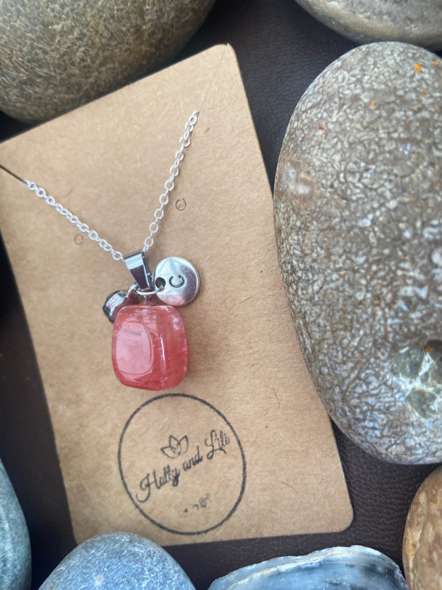 Strawberry Quartz Agate Crystal Necklace, Alphabet Initial, Strawberry Quartz  Gemstone Quartz Necklace, Crystal Chain, Birthstone Necklace