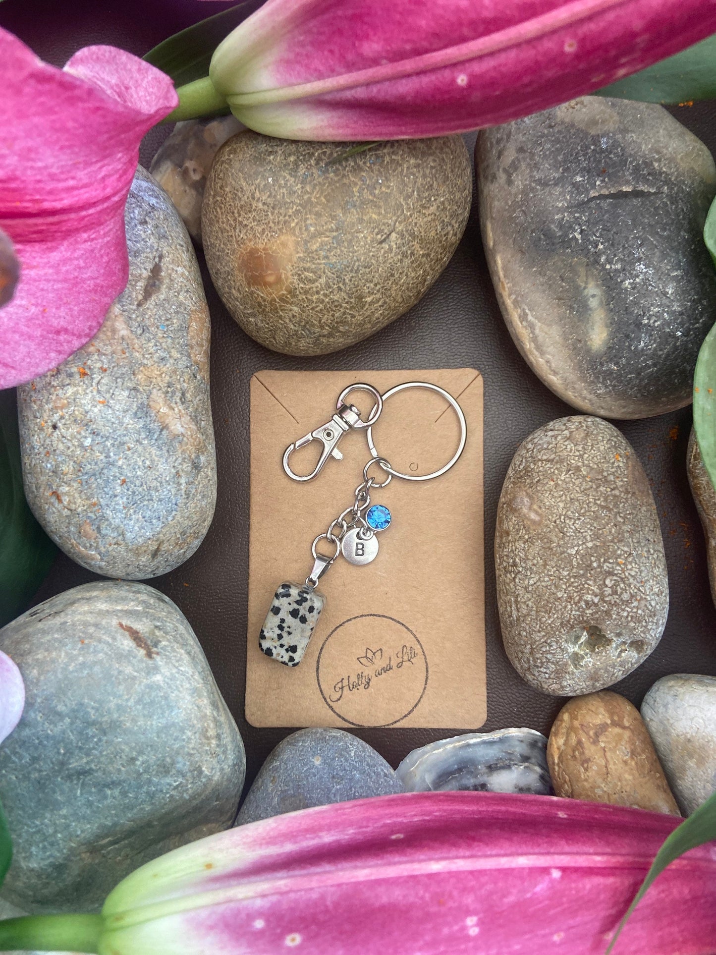 Dalmatian Jasper Crystal Keyring, Alphabet Initial, Jasper Gemstone, Dalmatian Jasper Keychain, Jasper Crystal Chain, Birthstone Keyring