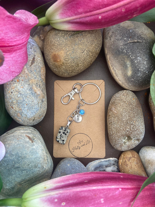 Dalmatian Jasper Crystal Keyring, Alphabet Initial, Jasper Gemstone, Dalmatian Jasper Keychain, Jasper Crystal Chain, Birthstone Keyring