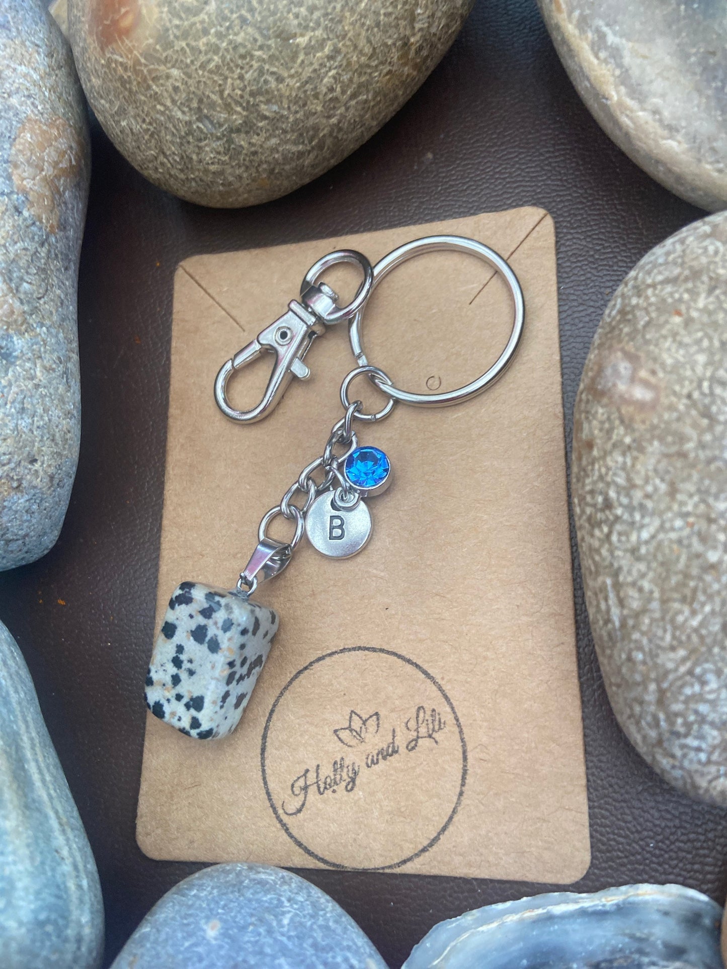 Dalmatian Jasper Crystal Keyring, Alphabet Initial, Jasper Gemstone, Dalmatian Jasper Keychain, Jasper Crystal Chain, Birthstone Keyring