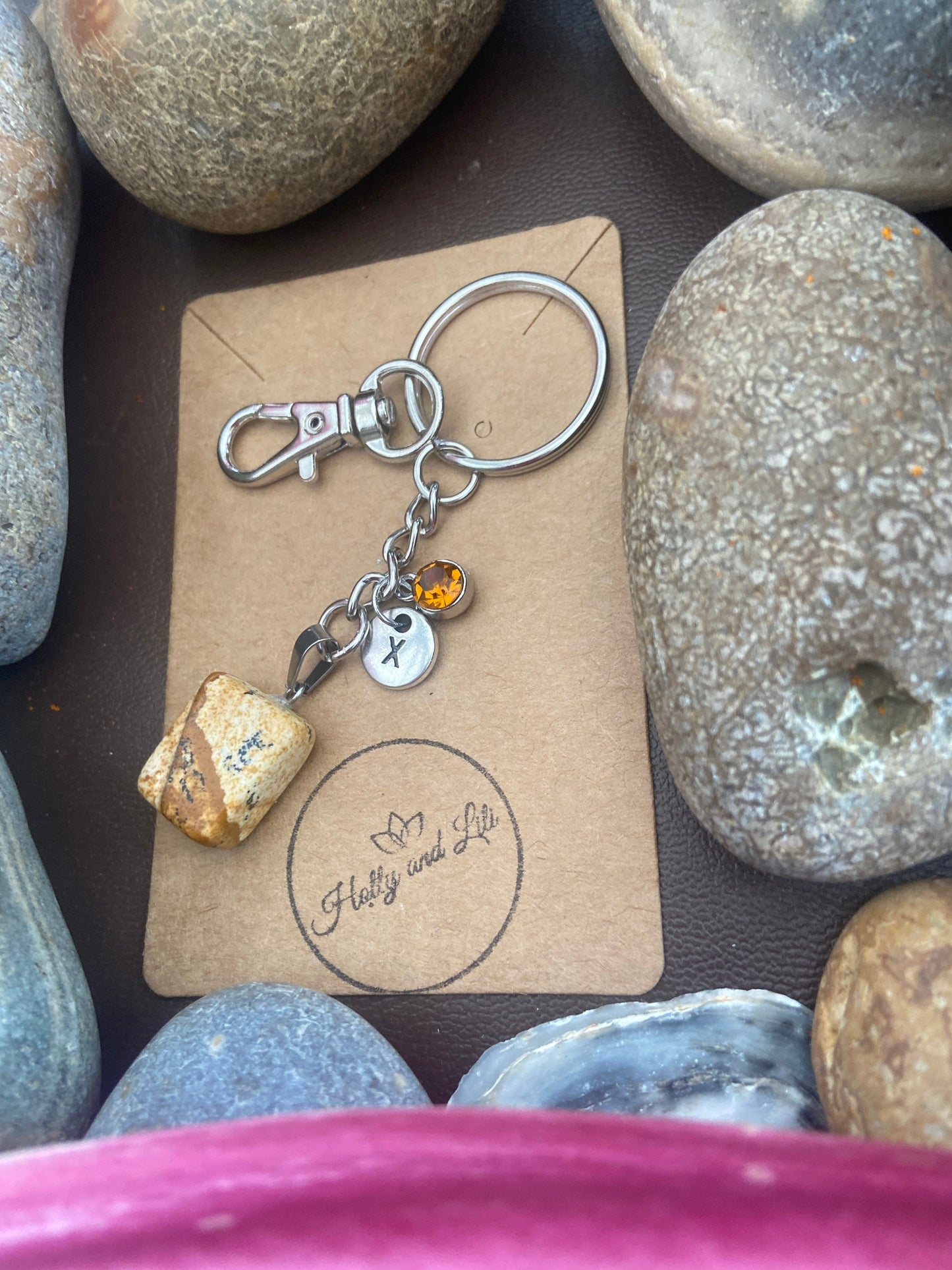 Picture Jasper Crystal Keyring, Alphabet Initial, Jasper Gemstone, Picture Jasper Keychain, Picture Jasper Chain, Birthstone Keyring  Gifts