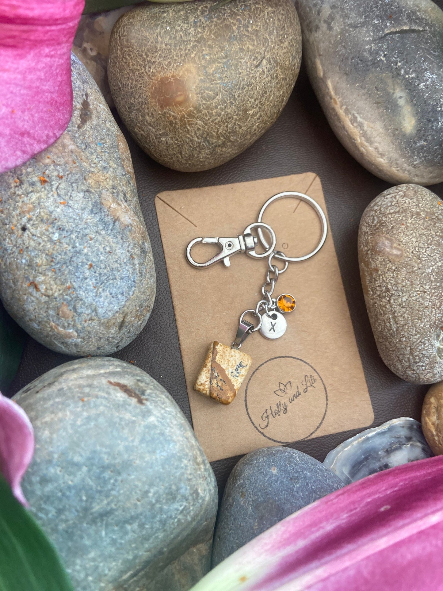 Picture Jasper Crystal Keyring, Alphabet Initial, Jasper Gemstone, Picture Jasper Keychain, Picture Jasper Chain, Birthstone Keyring  Gifts