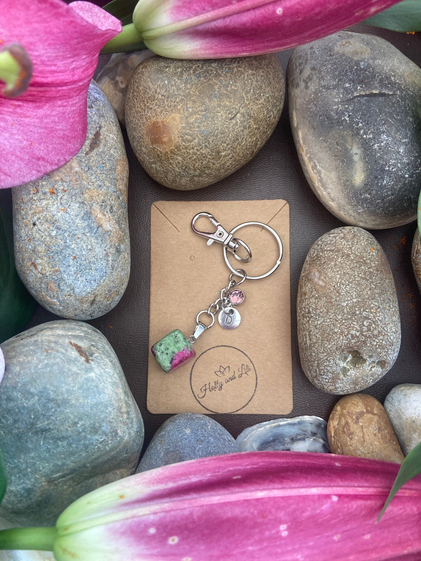 Ruby In Zoisite Crystal Keyring, Alphabet Initial, Ruby Gemstone, Ruby In Zoisite Keychain, Zoisite Chain, Birthstone Keyring Crystal Gifts