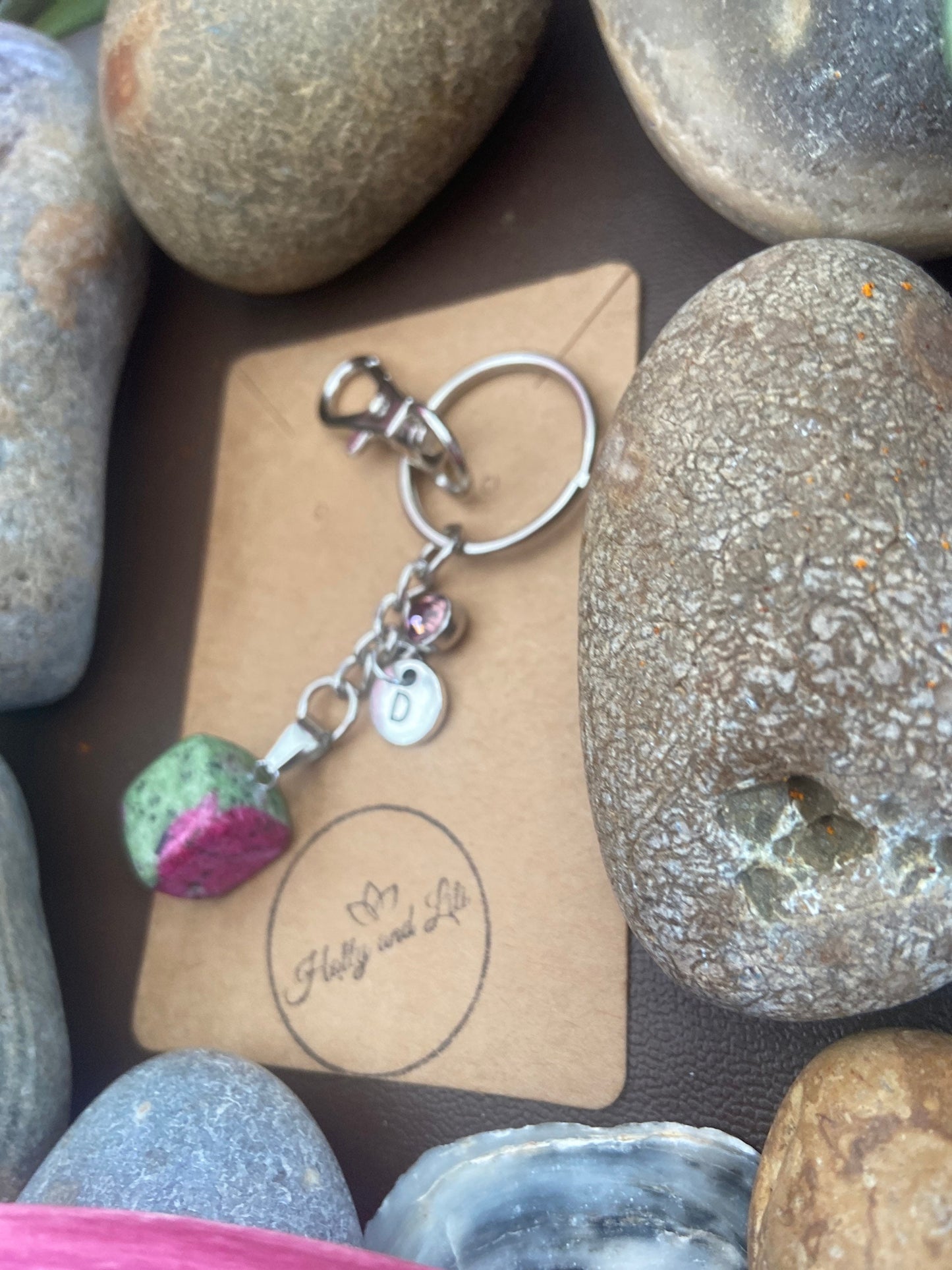 Ruby In Zoisite Crystal Keyring, Alphabet Initial, Ruby Gemstone, Ruby In Zoisite Keychain, Zoisite Chain, Birthstone Keyring Crystal Gifts