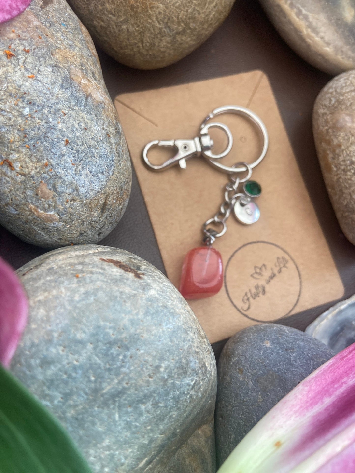 Strawberry Quartz Crystal Keyring, Alphabet Initial, Strawberry Quartz Gemstone, Quartz Keychain, Raw Quartz Chain, Birthstone Keyring Gifts