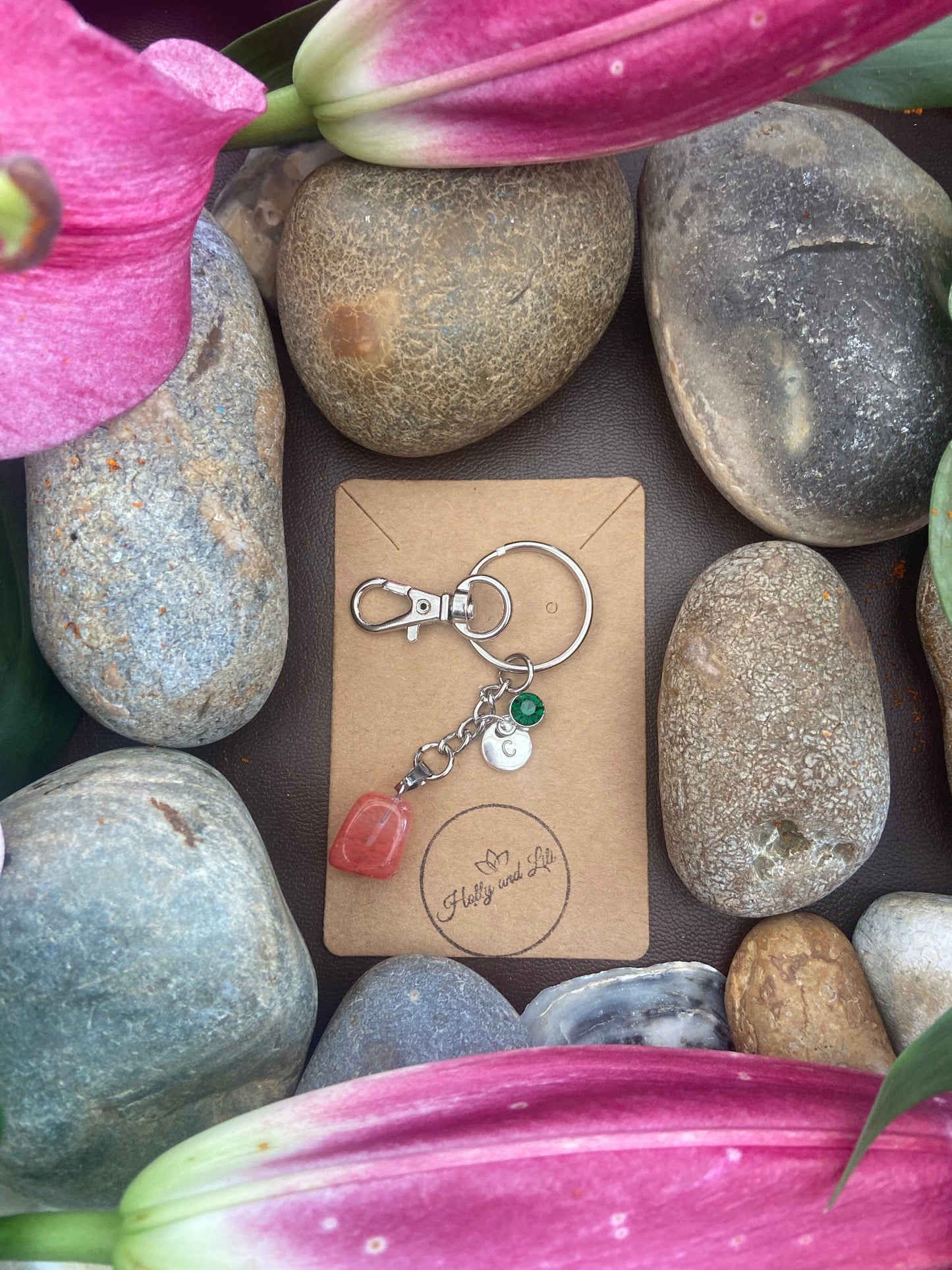 Strawberry Quartz Crystal Keyring, Alphabet Initial, Strawberry Quartz Gemstone, Quartz Keychain, Raw Quartz Chain, Birthstone Keyring Gifts