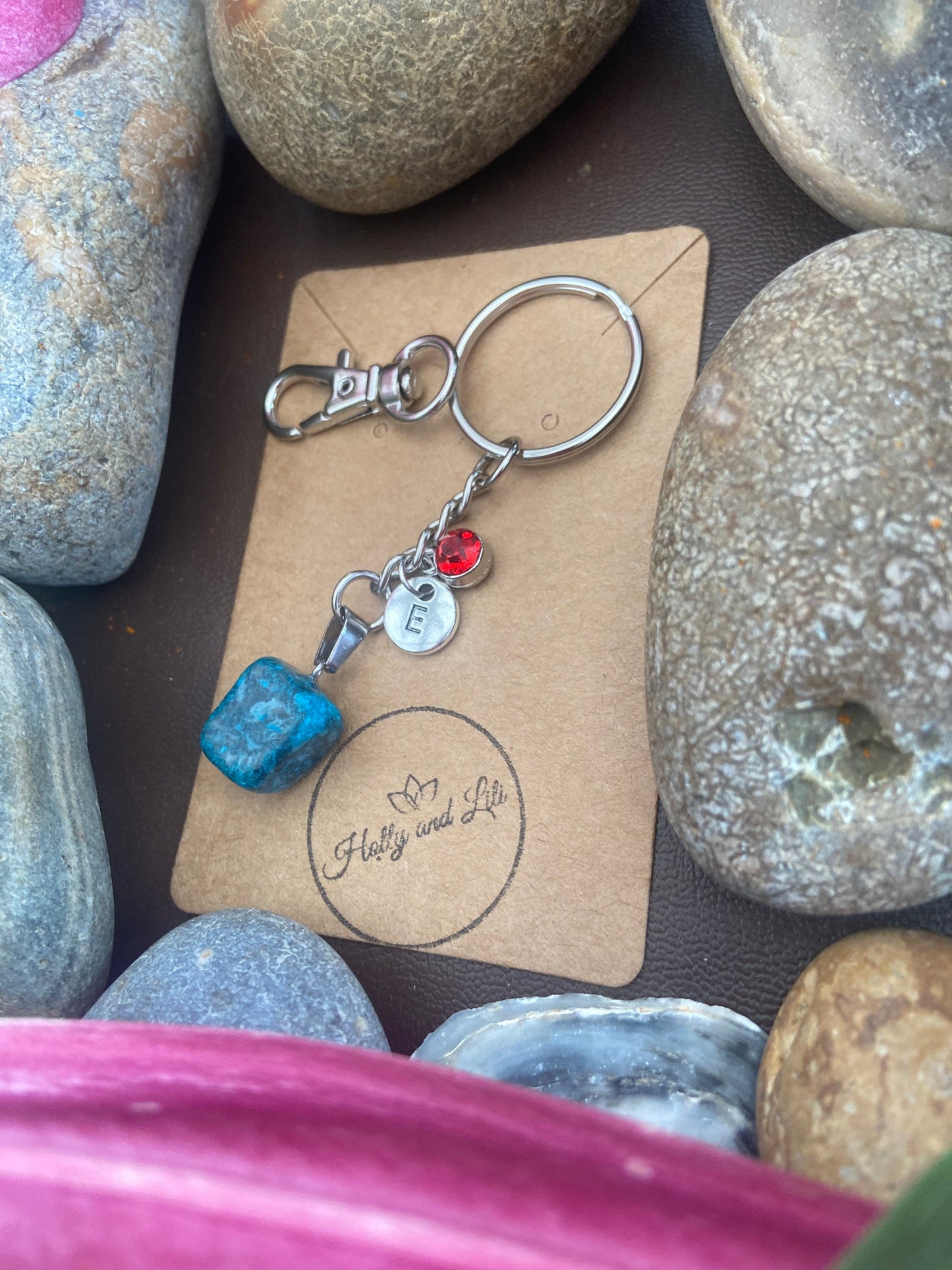 Blue Agate Crystal Keyring, Alphabet Initial, Blue Agate Gemstone, Agate Keychain, Blue Agate Chain, Birthstone Keyring Gifts, Raw Crystals