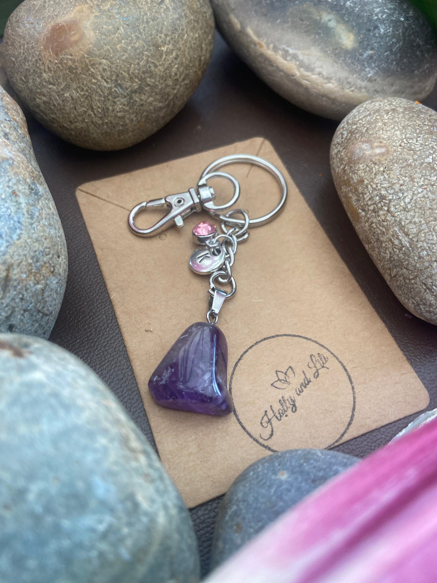 Amethyst Agate Crystal Keyring, Alphabet Initial, Amethyst Gemstone, Amethyst Keychain, Raw Amethyst Chain, Birthstone Keyring Gifts