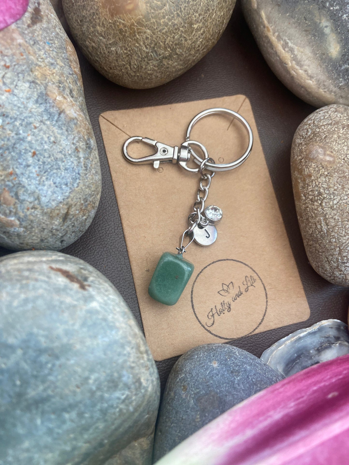 Aventurine Agate Crystal Keyring, Alphabet Initial, Aventurine Gemstone, Green Aventurine Keychain, Aventurine Chain, Birthstone Keyring