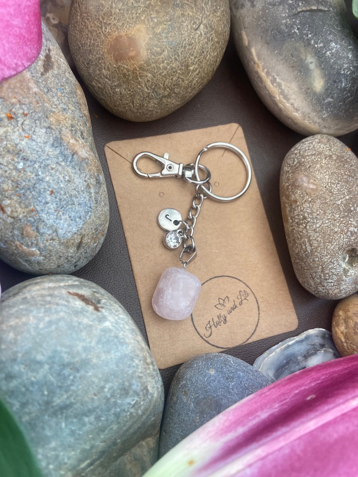 Rose Quartz Agate Crystal Keyring, Alphabet Initial, Rose Quartz Gemstone, Quartz Keychain, Rose Quartz Chain, Birthstone Keyring Gem Gifts