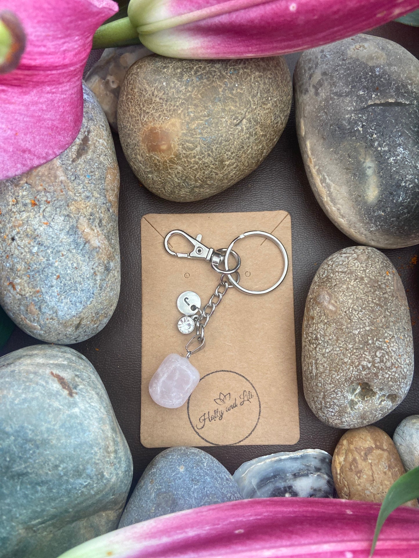 Rose Quartz Agate Crystal Keyring, Alphabet Initial, Rose Quartz Gemstone, Quartz Keychain, Rose Quartz Chain, Birthstone Keyring Gem Gifts