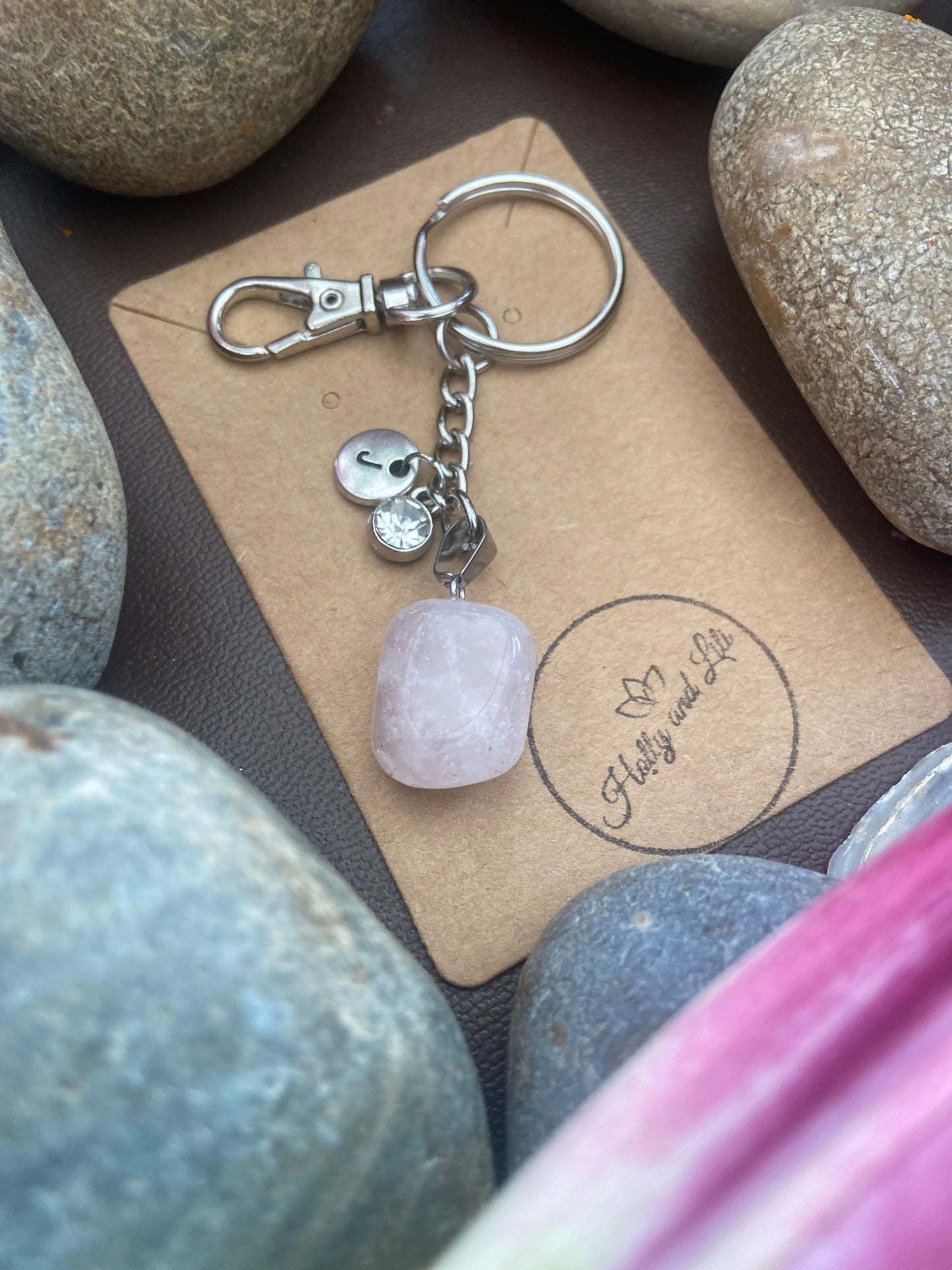 Rose Quartz Agate Crystal Keyring, Alphabet Initial, Rose Quartz Gemstone, Quartz Keychain, Rose Quartz Chain, Birthstone Keyring Gem Gifts