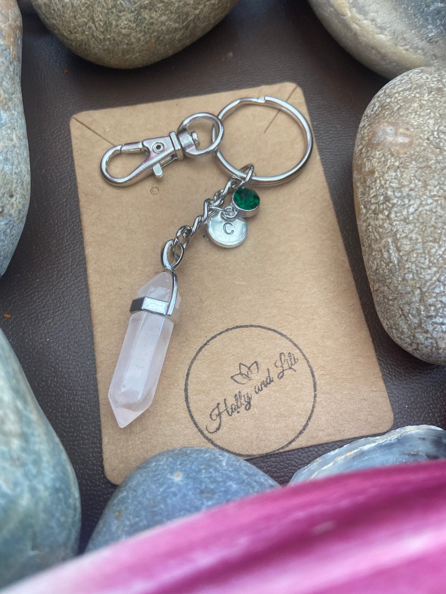 Rose Quartz Hexagon Crystal Keyring, Alphabet Initial, Rosie Quartz Gemstone, Rose Quartz Keychain, Quartz Chain, Birthstone Keyring Gifts