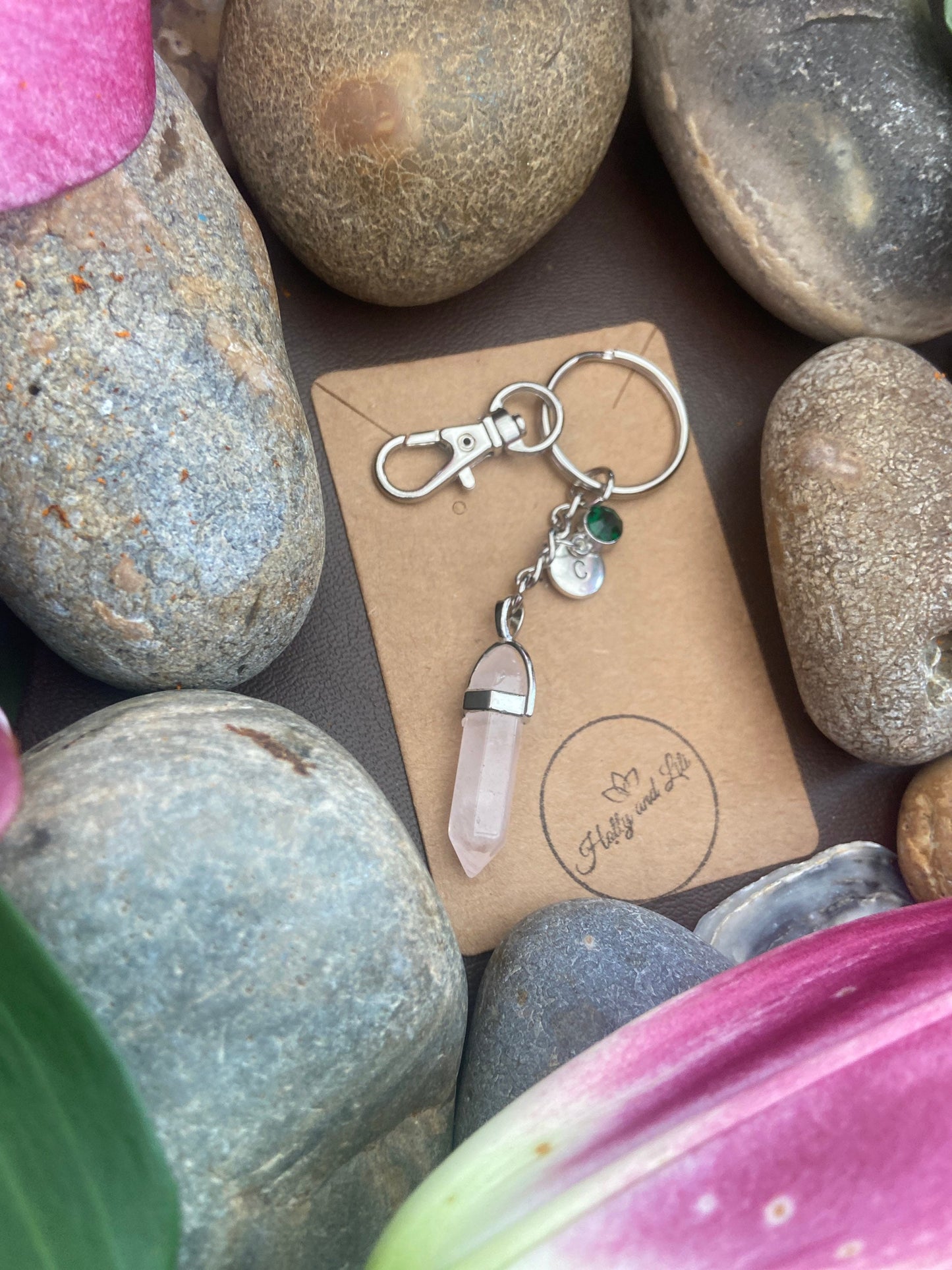 Rose Quartz Hexagon Crystal Keyring, Alphabet Initial, Rosie Quartz Gemstone, Rose Quartz Keychain, Quartz Chain, Birthstone Keyring Gifts