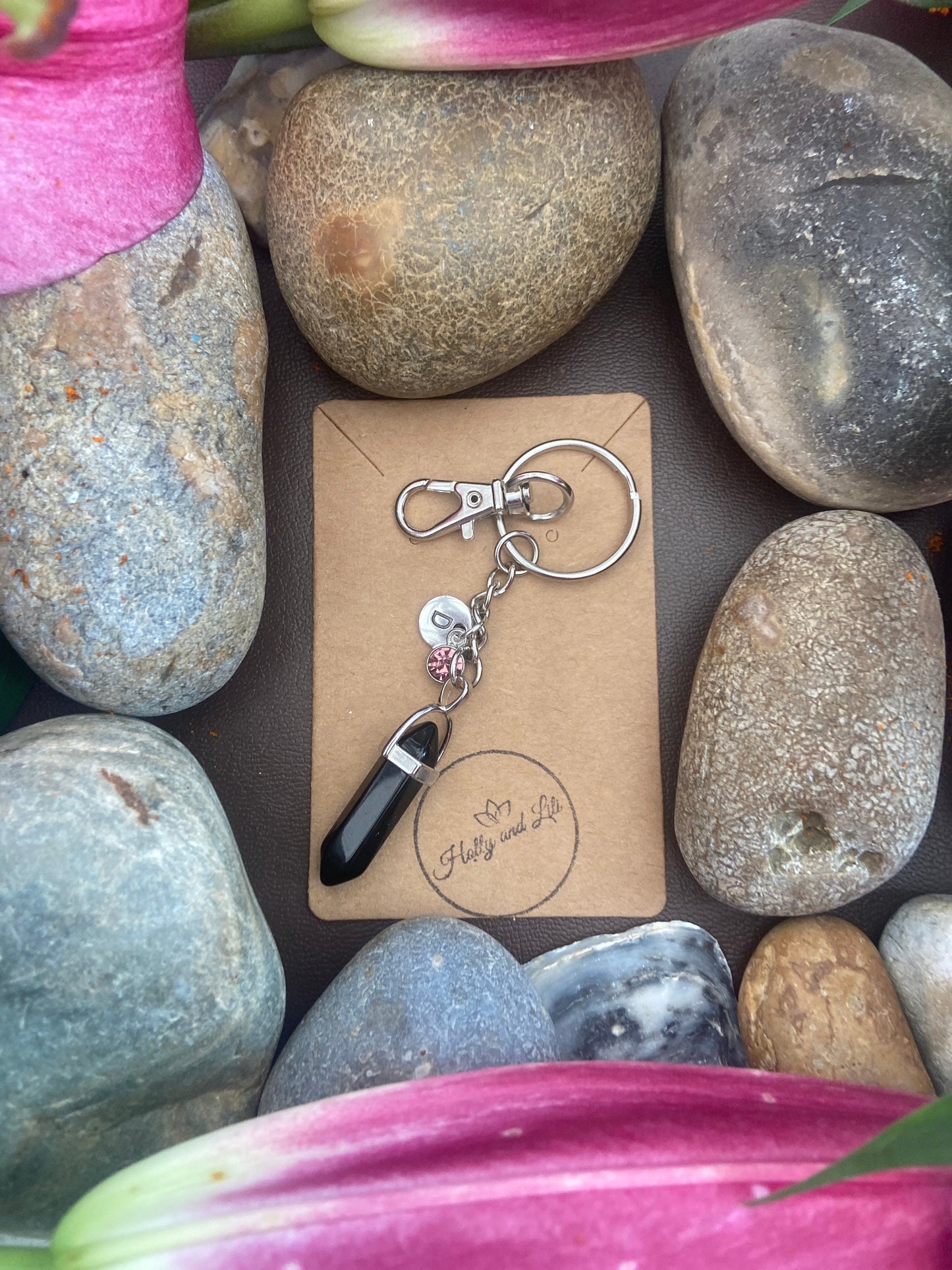 Obsidian Hexagon Crystal Keyring, Alphabet Initial, Black Obsidian Gemstone, Obsidian Keychain, Obsidian Chain, Birthstone Keyring Gifts