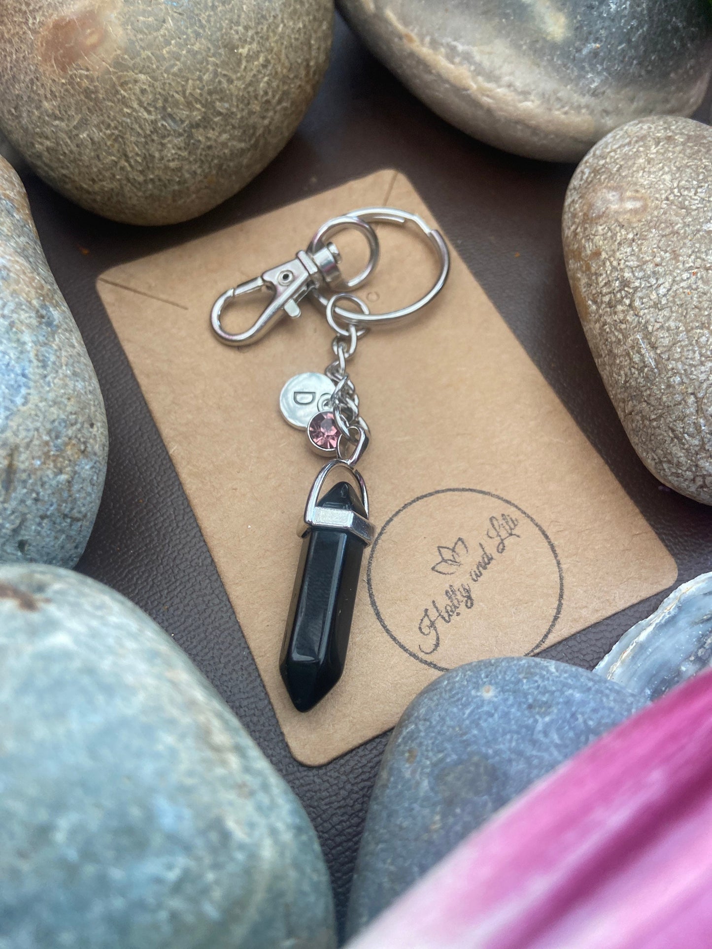 Obsidian Hexagon Crystal Keyring, Alphabet Initial, Black Obsidian Gemstone, Obsidian Keychain, Obsidian Chain, Birthstone Keyring Gifts