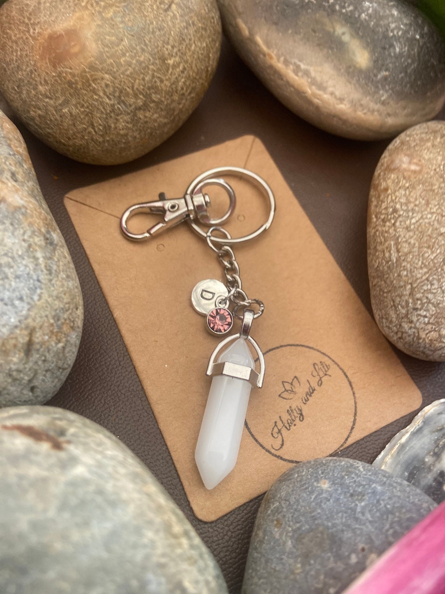 White Jade Hexagon Crystal Keyring, Alphabet Initial, Jade Gemstone, White Jade Keychain, Jade Chain, Birthstone Keyring Gifts, Crystal Gems