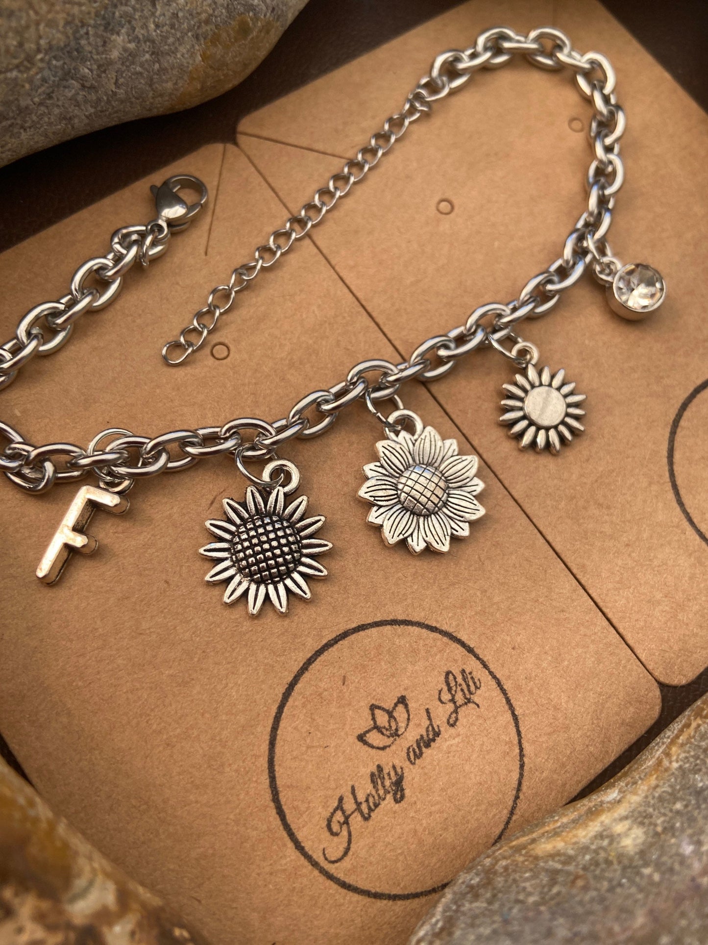 Sunflower Bracelet, Alphabet Initial Bracelet, Birthstone Bracelet, Initial Bracelet, Flower Anklet, Flowers Bracelet, Personalised Bracelet