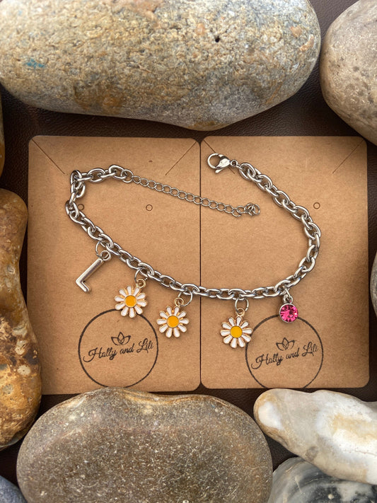 Daisy Bracelet, Alphabet Initial Bracelet, Birthstone Bracelet, Initial Bracelet, Flower Anklet, Daisies Bracelet, Personalised Bracelet