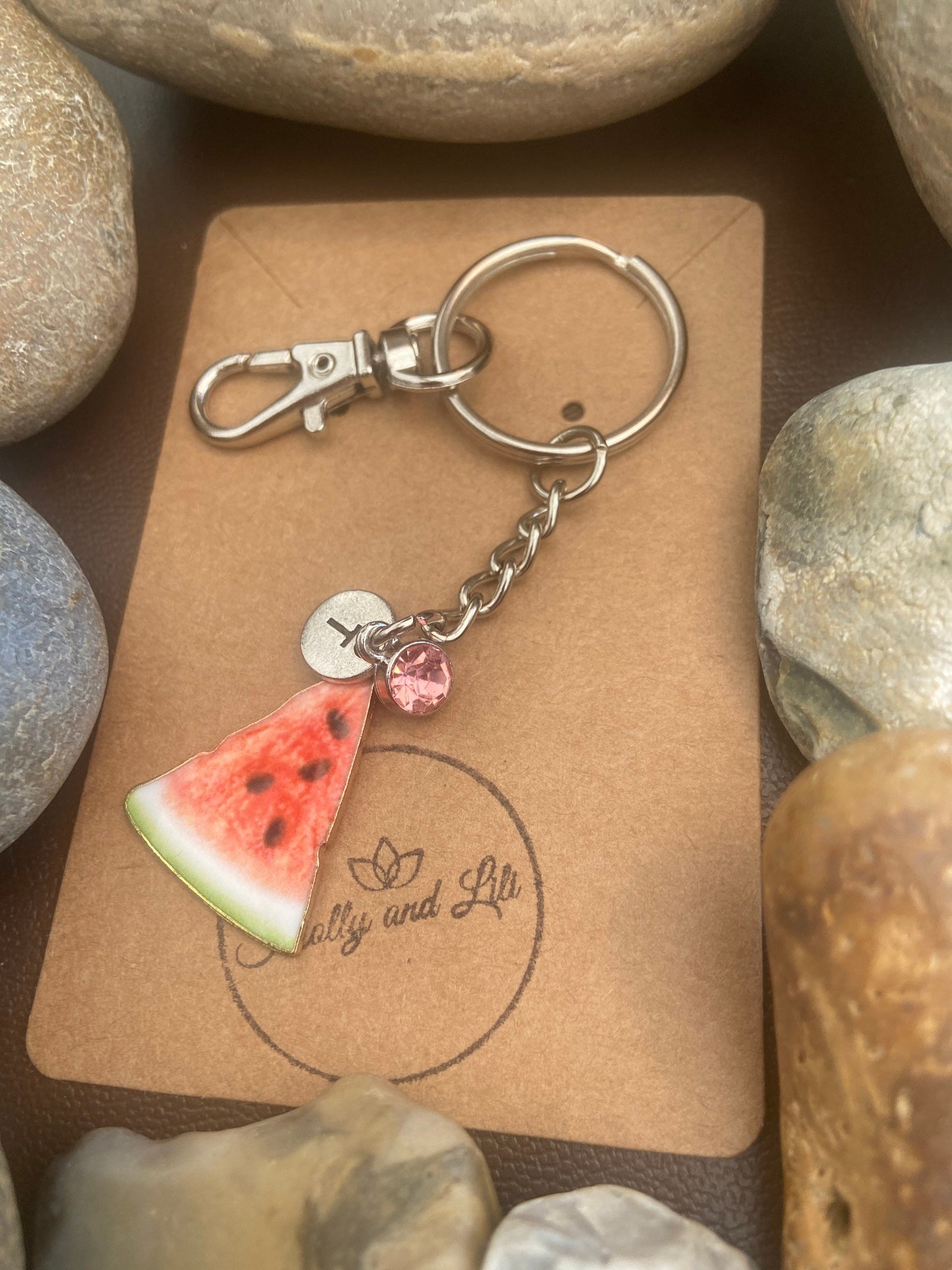 Watermelon Style Personalised Keychain, Melons Keyring, Fruit Alphabet Initials, Birthstone Charm, Watermelons Gifts, Fruit Zipper Chain