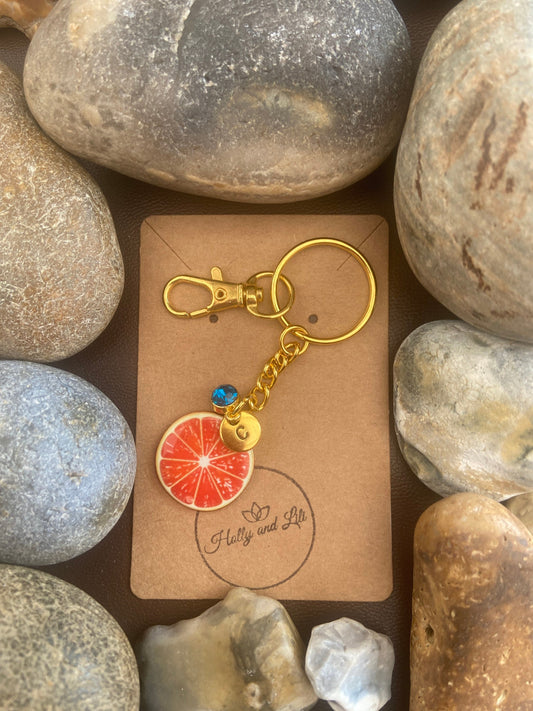 Grapefruit Style Personalised Keychain, Grapefruit Keyring, Grapefruits Alphabet Initials, Birthstone Charm, Grapefruit Gifts, Fruit Zipper