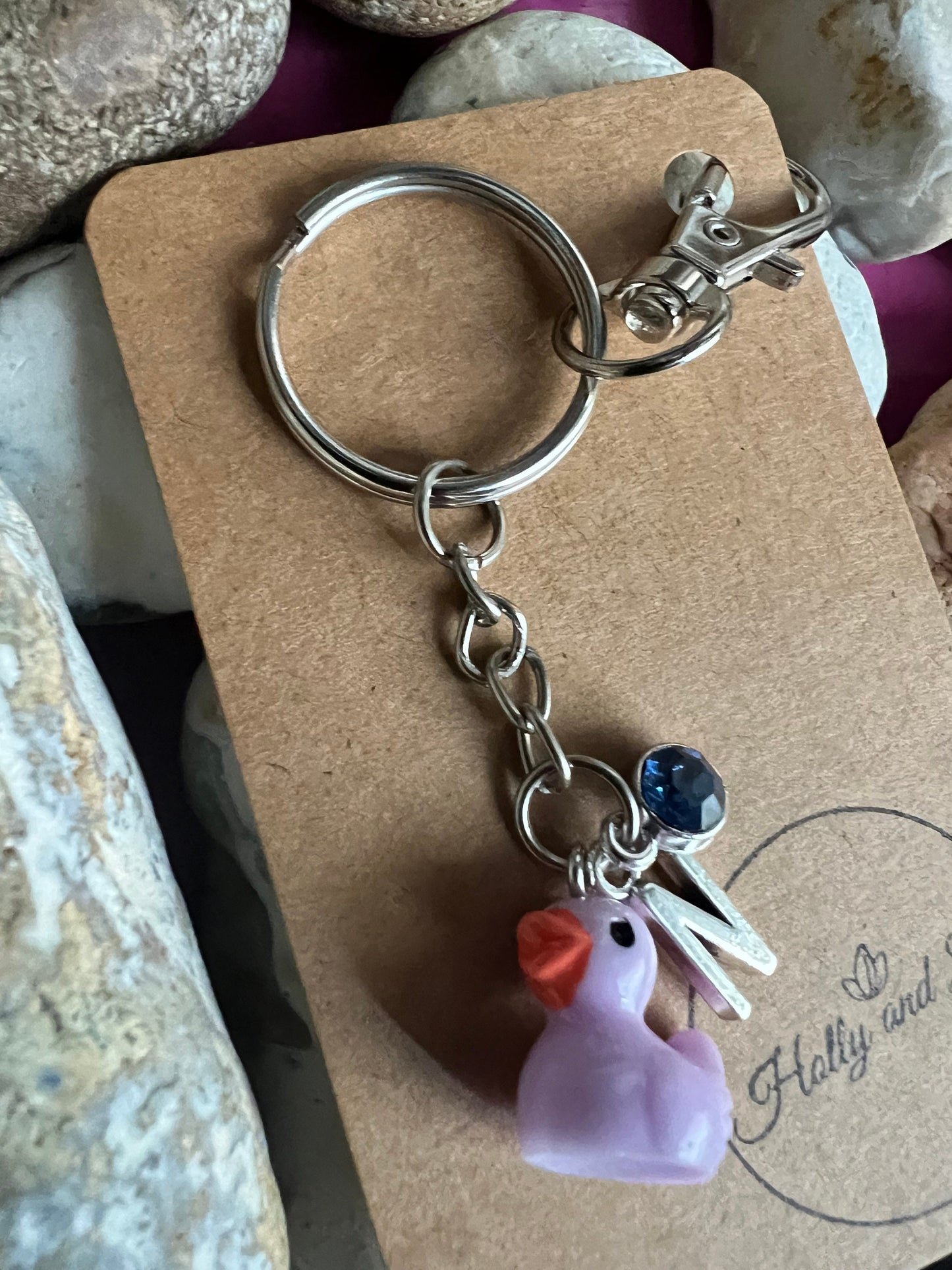 Duck Purple Personalised Keychain, Quack Keyring, Alphabetical Initial, Birthstone Charms, Bird Zipper Chains For Her, Novelty Duck, BFF