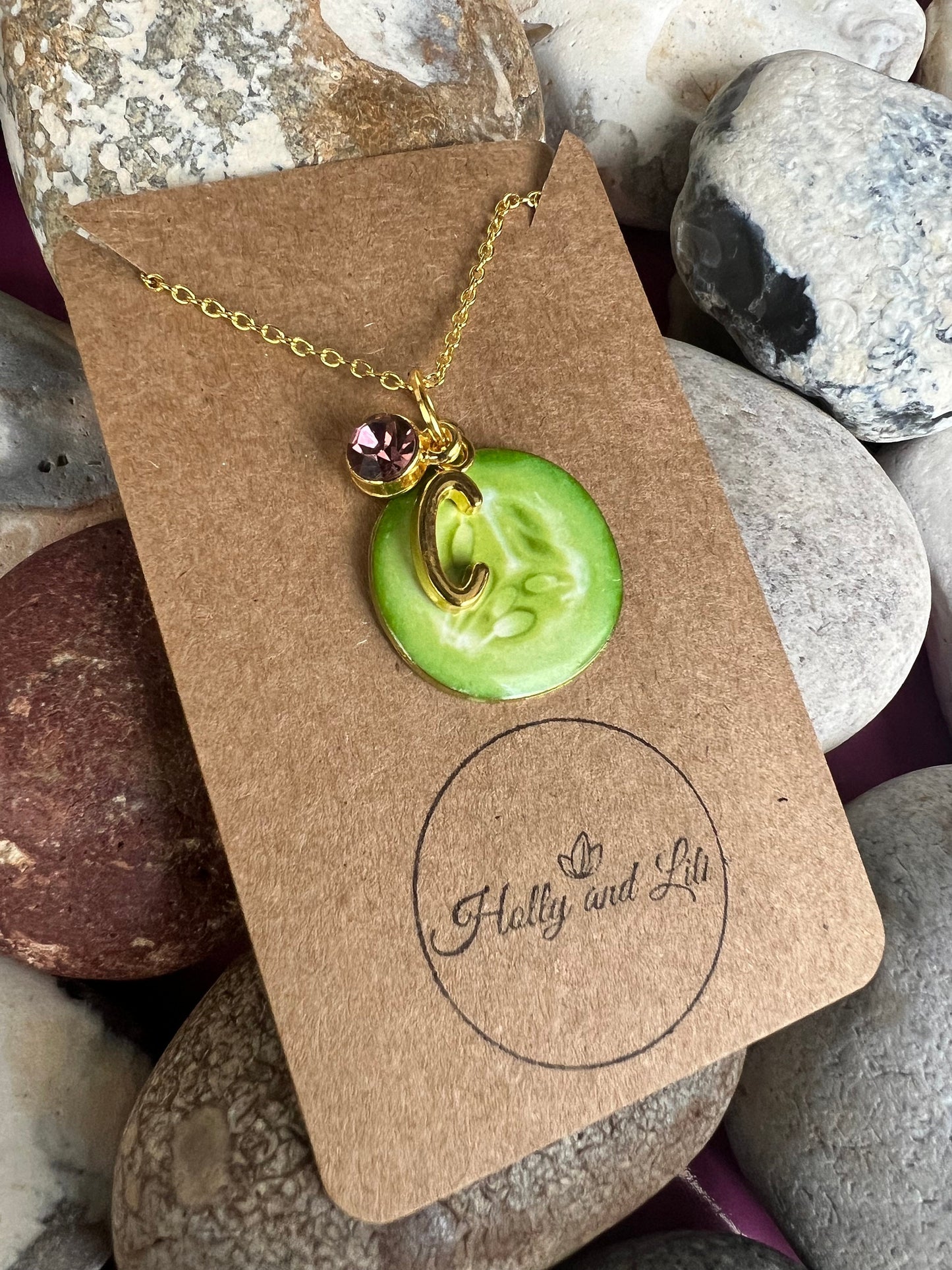 Cucumber Necklace, Personalised Pendant Charm Necklace, Alphabet Initials, Birthstone Charm, Fruit Necklace, Cool As A Cucumber Gifts