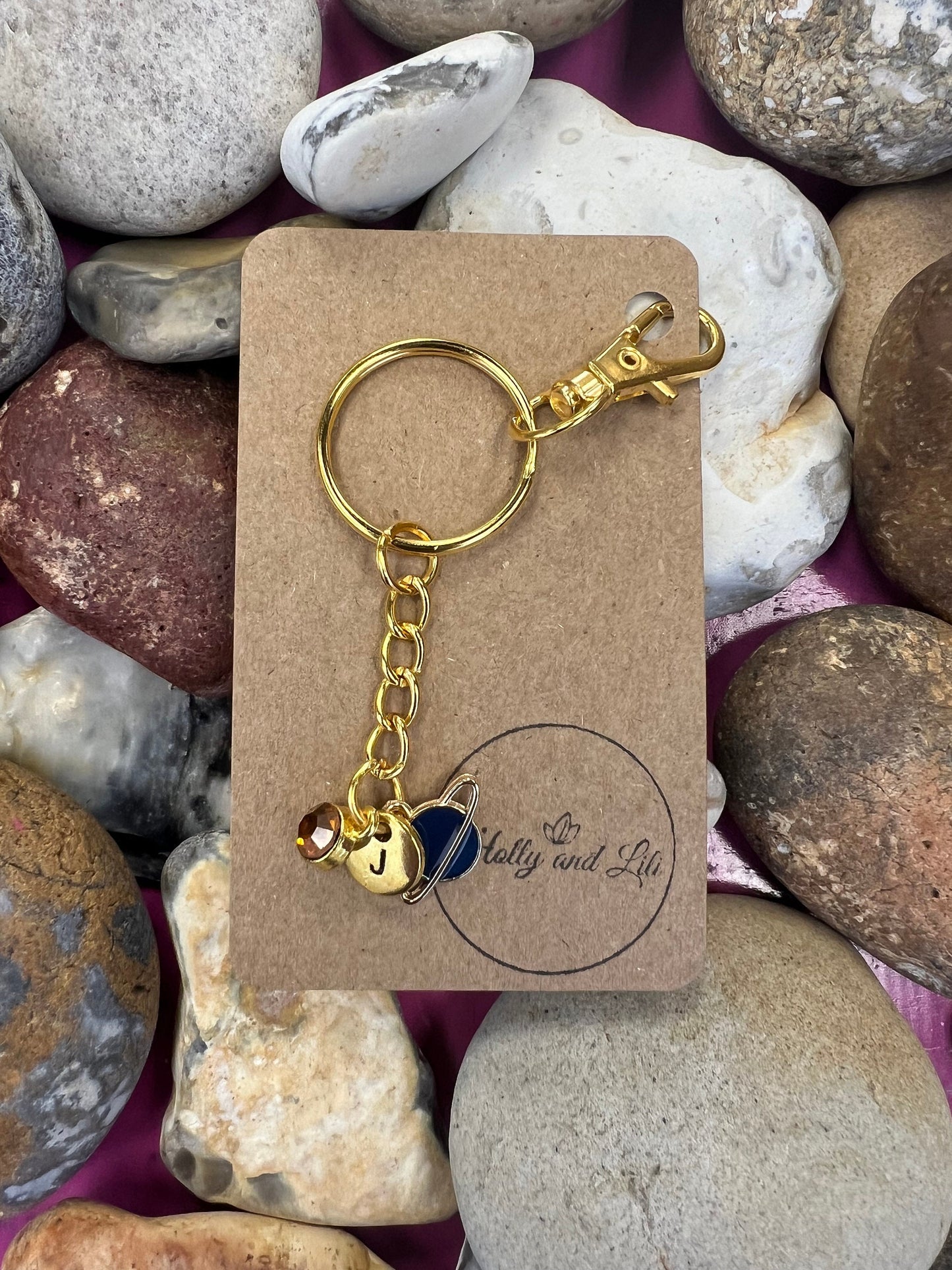 Planet Style Blue Personalised Gold Keyring, Galaxy Keychain, Alphabet Initials, Birthstone Charm, Blue Planets Zipper Chain, Gifts For Her