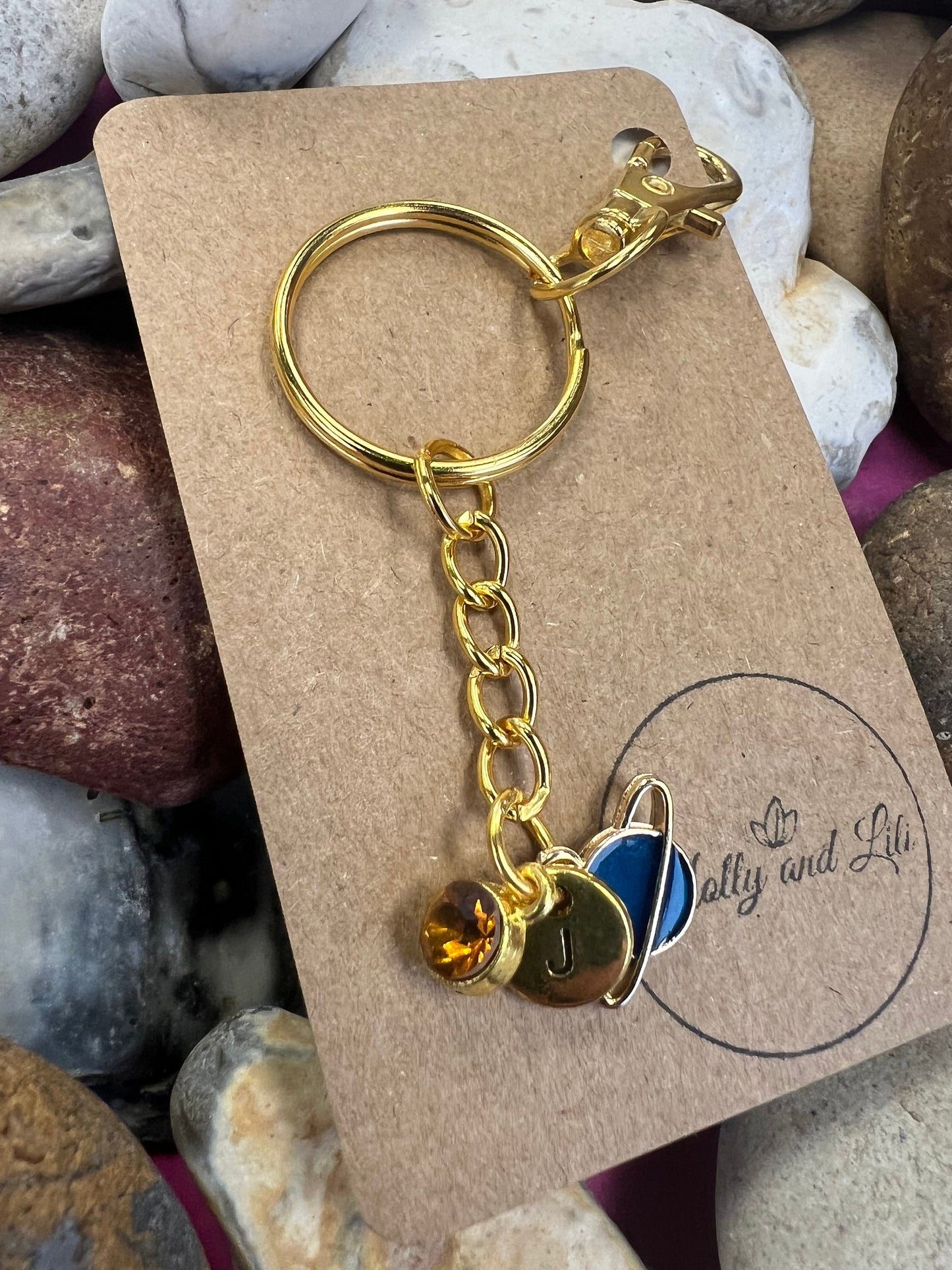 Planet Style Blue Personalised Gold Keyring, Galaxy Keychain, Alphabet Initials, Birthstone Charm, Blue Planets Zipper Chain, Gifts For Her