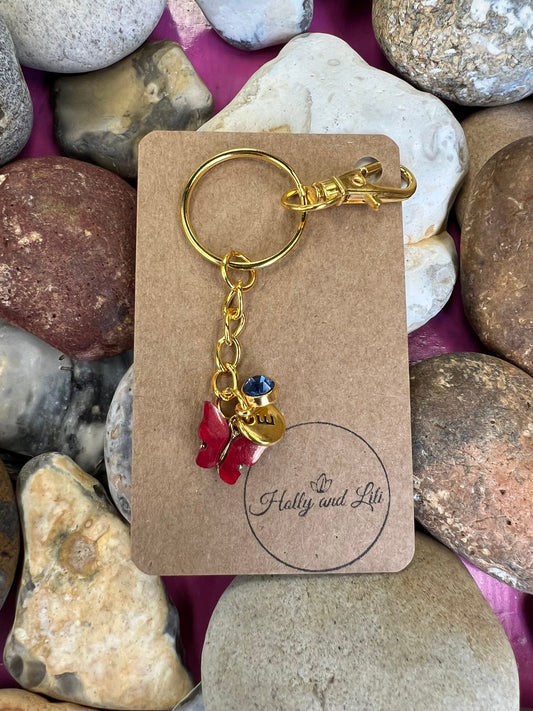 Butterfly Red Personalised Keychain, Quack Keyring, Alphabetical Initial, Birthstone Charms, Insect Zipper Chains, Novelty, BFF