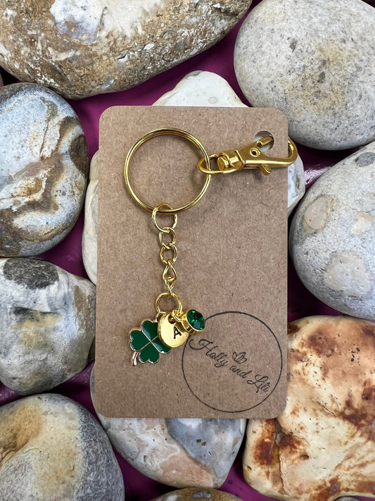 Clover Style Personalised Keychain, Four Leaf Clover Keyring, Alphabet Initials, Birthstone Charm, Clovers Gifts, Flower Zipper Chain