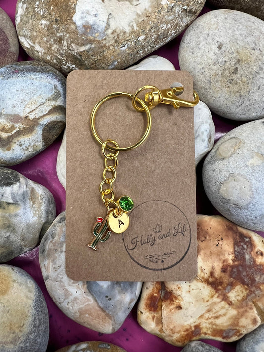 Cactus Style Personalised Keychain, Cactus Keyring, Cactus Alphabet Initials, Birthstone Charm, Cactus Gifts, Plant Zipper Chain