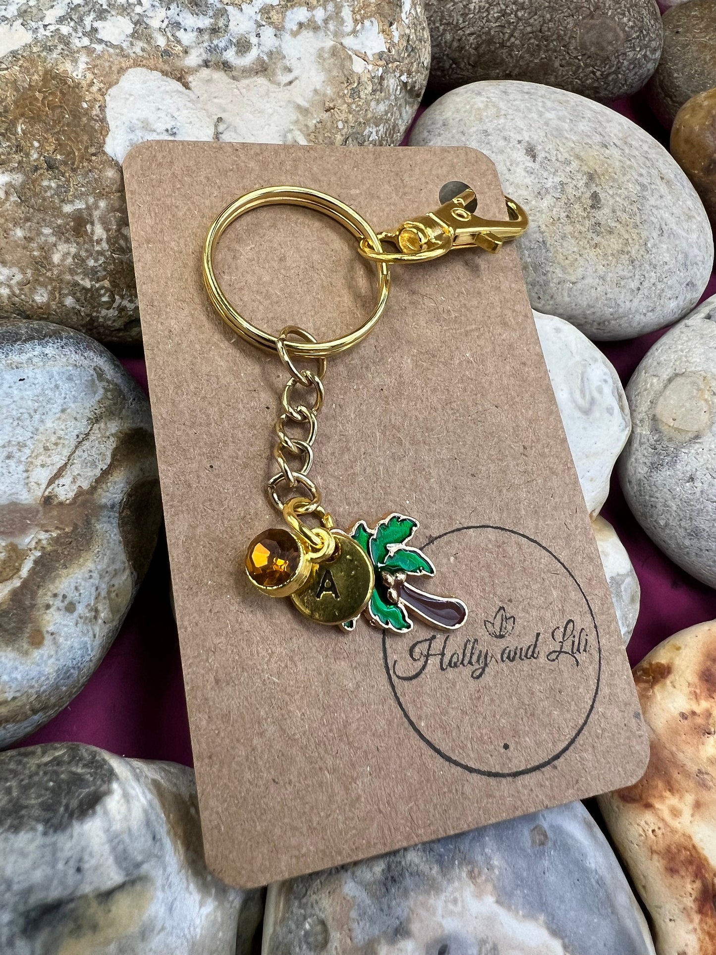 Coconut Tree Style Personalised Keychain, Coconut Keyring, Alphabet Initials, Birthstone Charm, Coconuts Gifts, Plant Zipper Chain