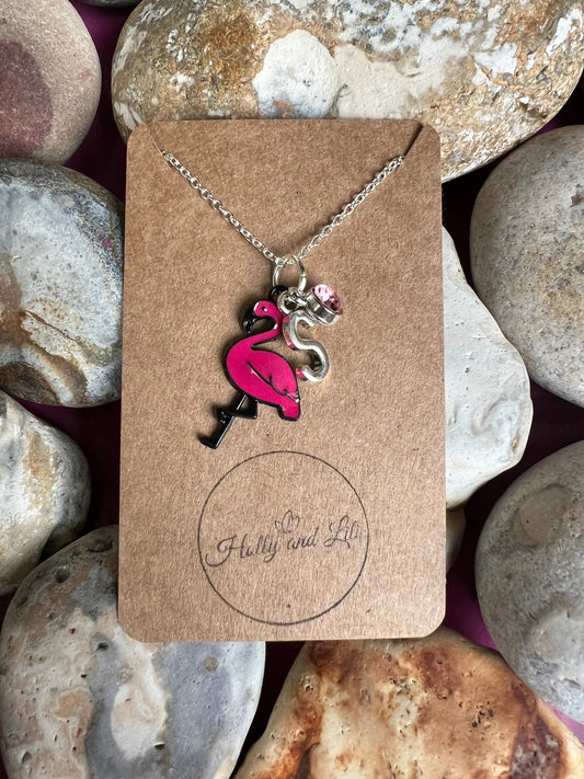 Flamingo Pink Personalised Pendant Animal Charm Gold Necklace, Alphabet Initials,  Birthstone Charm, Flamingo Gift, Flamingo Necklace & Gift