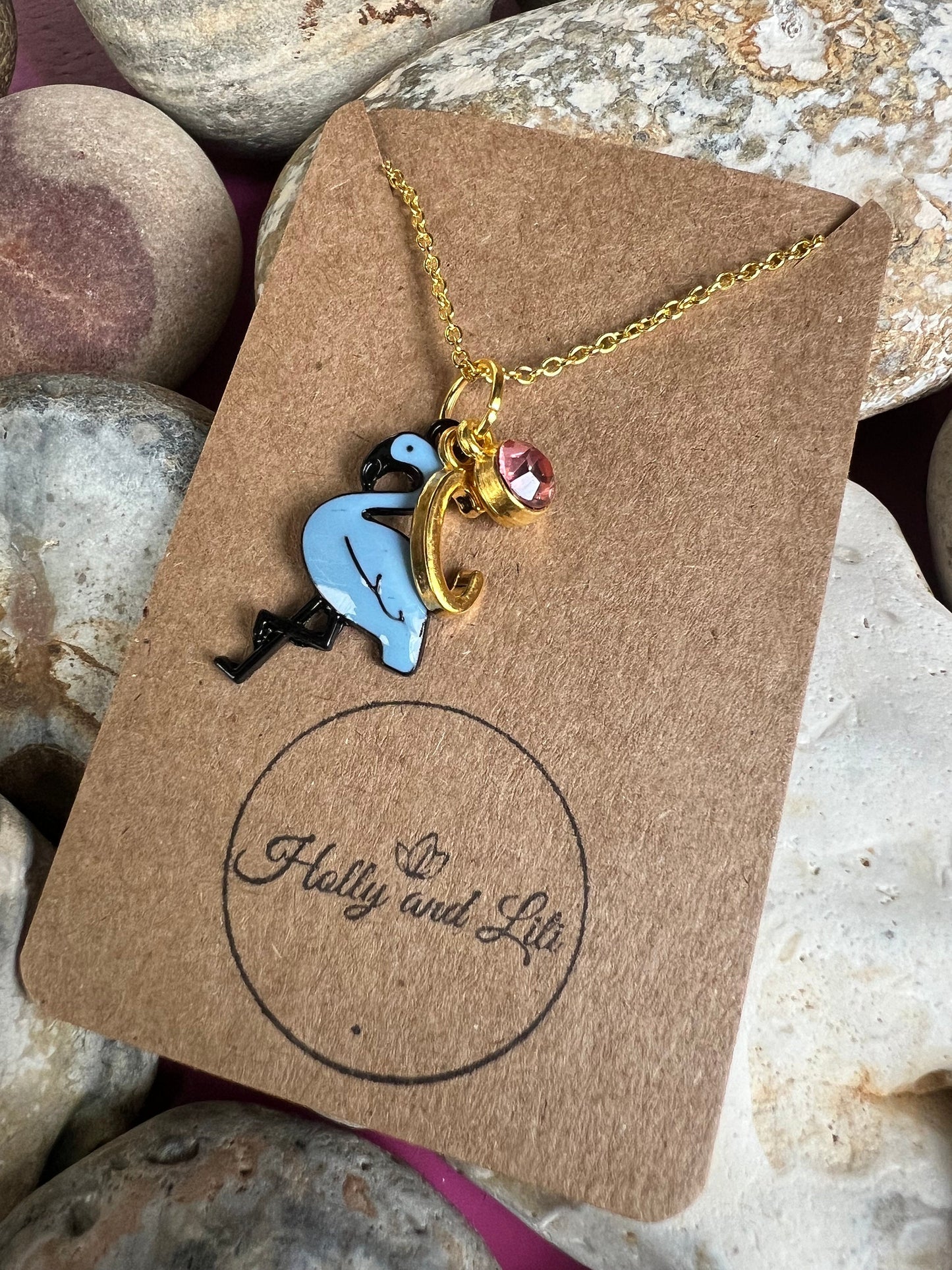 Flamingo Blue Personalised Pendant Animal Charm Gold Necklace, Alphabet Initials,  Birthstone Charm, Flamingo Gift, Flamingo Necklace & Gift