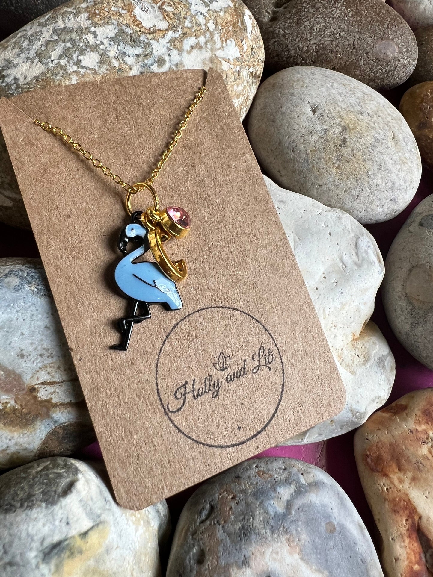 Flamingo Blue Personalised Pendant Animal Charm Gold Necklace, Alphabet Initials,  Birthstone Charm, Flamingo Gift, Flamingo Necklace & Gift