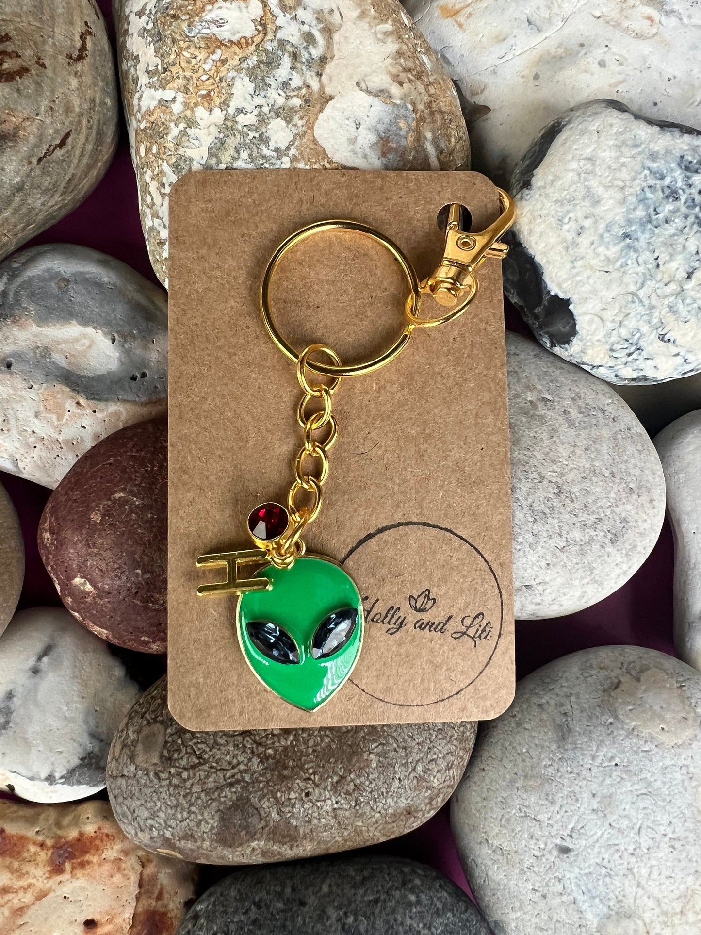 Alien Style Personalised Gold Keyring, Alien Zipper Chain, Alphabet Initials, Birthstone Charm, Marshan, Space Initial Keyring