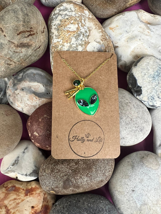 Alien Necklace, Personalised Pendant Charm Necklace, Alphabet Initials, Birthstone Charm, Extraterrestrials, Aliens Gifts, Mashan Gift