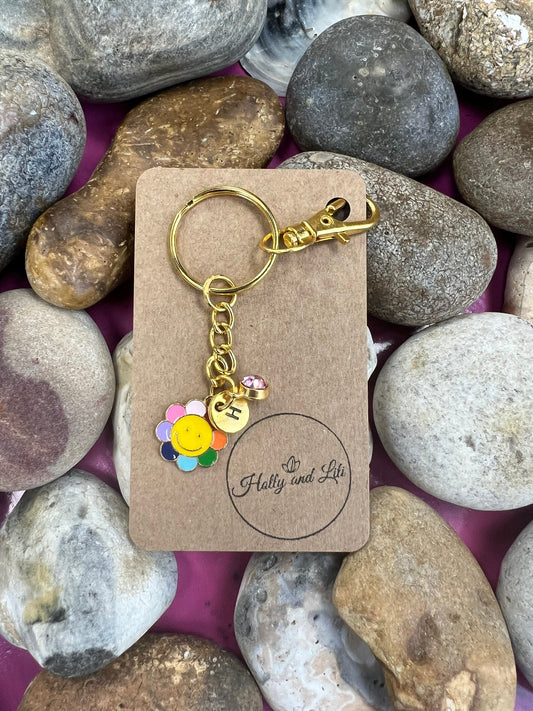 Daisy Happy Face Flower Style Personalised Gold Keyring, Daisie, Alphabet Initials, Birthstone Charm, Initials Keyring, Flower Zipper Chain