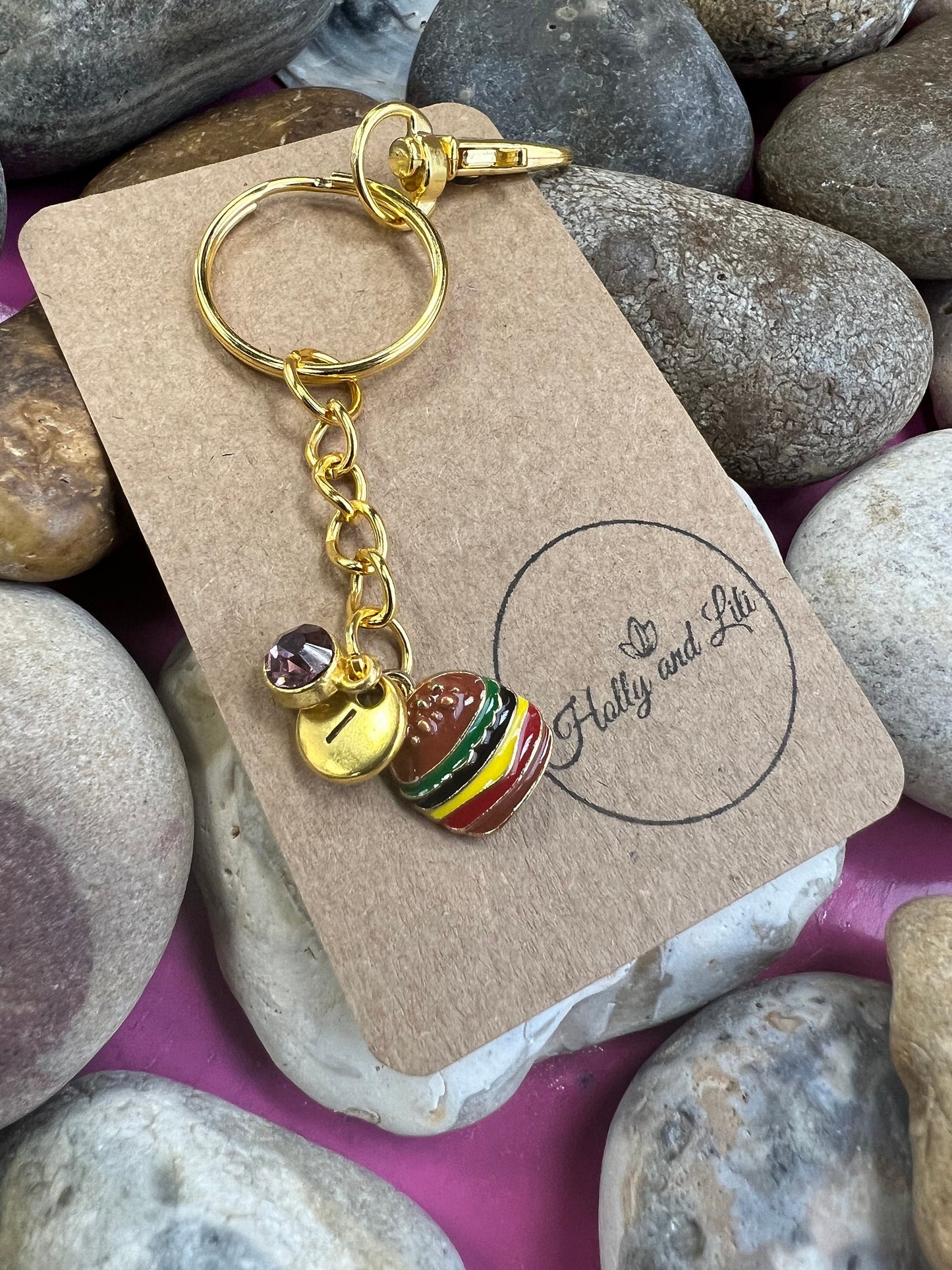 Burger Style Personalised Gold Keyring, Hamburger, Alphabet Initials, Vegan, Birthstone Charm, Initials Keyring, Cheeseburger Zipper Chain