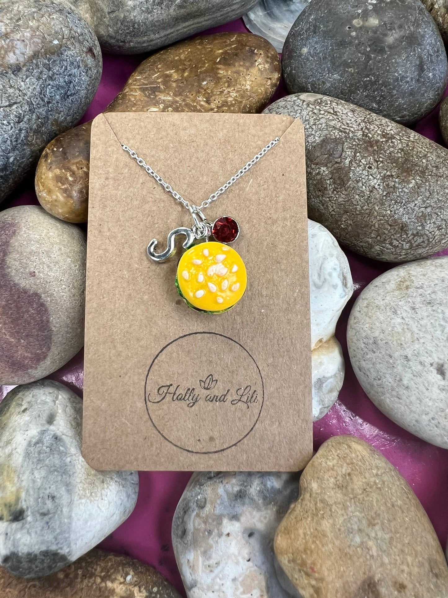 Burger Personalised Pendant Flower Charm Gold Necklace, Alphabet Initials,  Birthstone Charm, Cheeseburger  Gift, Hamburger, vegan burger