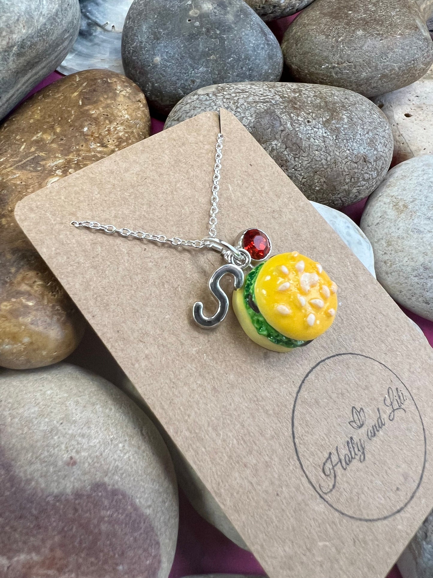 Burger Personalised Pendant Flower Charm Gold Necklace, Alphabet Initials,  Birthstone Charm, Cheeseburger  Gift, Hamburger, vegan burger